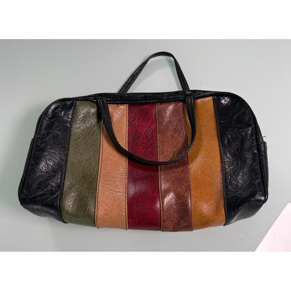 VTG 60's Mod Vinyl Satchel Handbag Multicolor Stripe Design GrannieCore - Picture 2 of 10